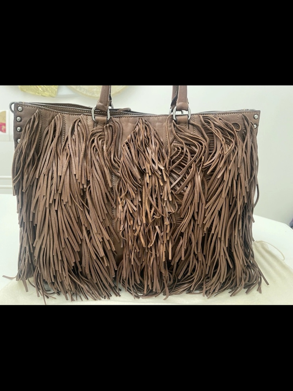 Prada large Brown Leather Fringe tote with Shoulder Strap studs - Picture 5 of 12